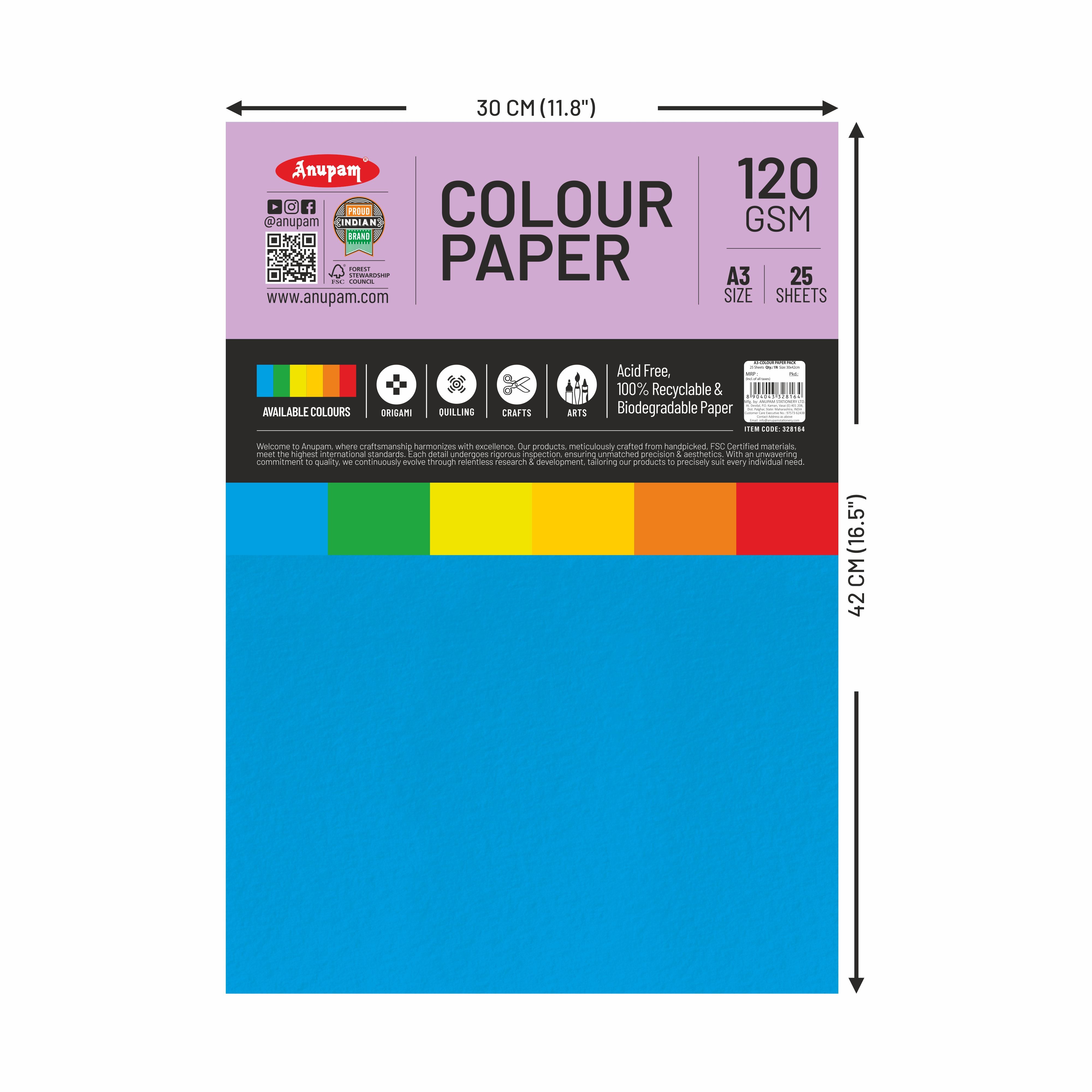Anupam Assorted Colour-Loose Paper-120GSM-6 Colours Paper for Arts & Crafts-Quilling-Origami